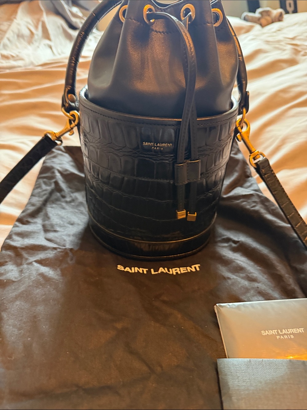 Saint Laurent Black Croc-Embossed Leather Bucket Bag